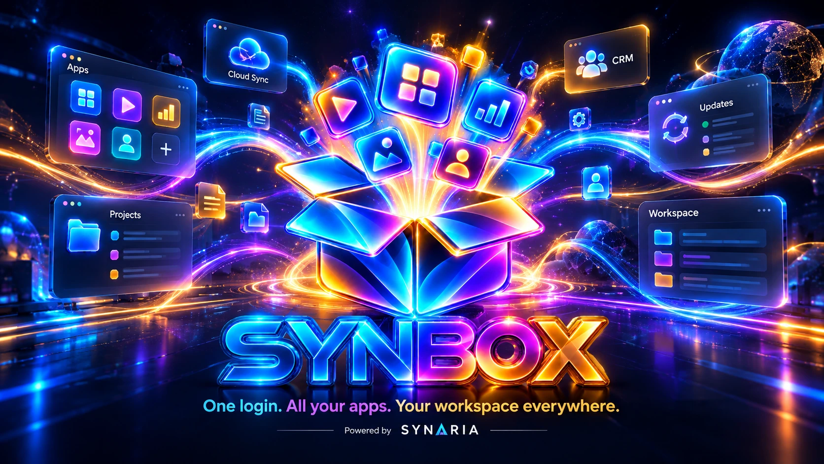 Schválená grafika SYNBOX: zářící krabice propojující aplikace, projekty, cloud, CRM a aktualizace.